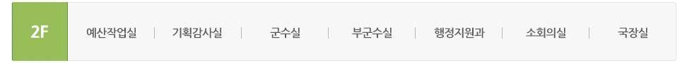 본관 2층에는 예산작업실, 기획감사실, 군수실, 부군수실, 행정지원과, 소회의실, 국장실이 있습니다.