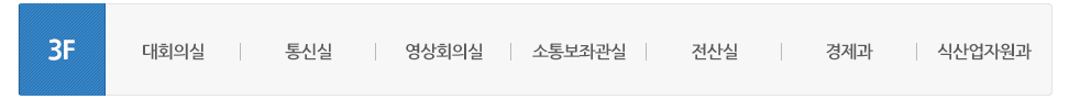 본관 3층에는 대회의실, 통신실, 영상회의실, 소통보좌관실, 전산실, 경제과, 식산업자원과가 있습니다.